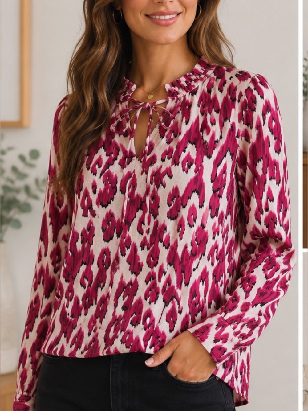 Nic + Zoe M Tribal Ikat print bold red & cream ruffle detail workwear office